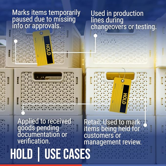 Tags 4 Less Production Quality Control Hang Tags – Equipment Preventative Maintenance Labels, for Easy Record-Keeping for Inventory Status (Hold, Pack of 100)