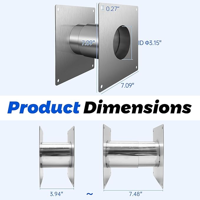 3.15" Thickening Stainless Steel Direct Vent Wall Thimble for Indoor Gas Water Heater, Extendable length from 3.94" to 7.48"
