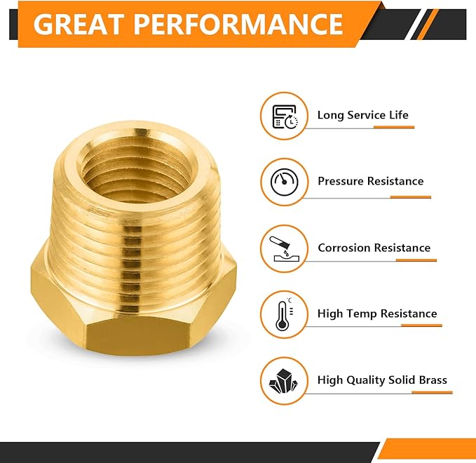 200-PCs HeSun Brass Thread Pipe Fitting, 1/2" NPT Male x 1/8" NPT Female Reducer Hex Bushing Adapter(NPT027-200)
