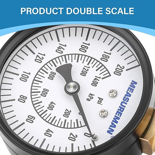 MEASUREMAN 2-1/2'' Water Pressure Test Gauge, 0-200 Psi, 3/4" Female Garden Hose Thread, Stainless Steel Case, for Home Potable Water, House Tube