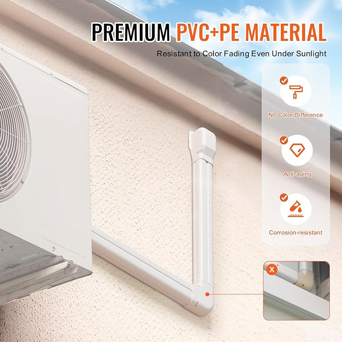 VEVOR Mini Split Line Set Cover 3-inch W 17.7Ft L, PVC Decorative Pipe Line Cover for Air Conditioner with 10 Straight Ducts & Full Components Easy to Install, Paintable for Heat Pumps, White