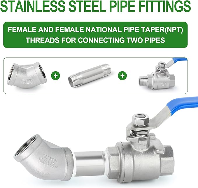 TAISHER 2PCS 304 Stainless Steel 45 Degree elbow,1-1/4" NPT Female x 1-1/4" NPT Female 304 Stainless Pipe Fitting