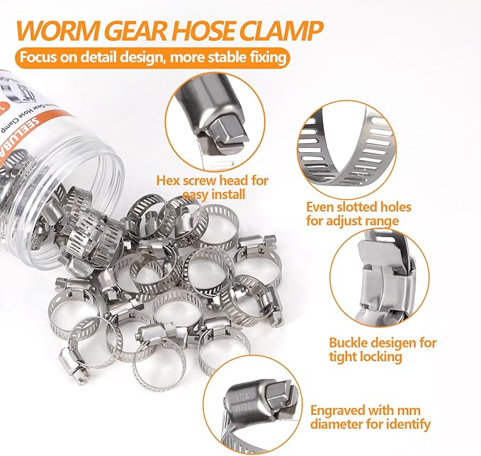 25 Pack Worm Gear Hose Clamp, Adjustable Range 1/4"-7/16" (6-12mm) 304 Stainless Steel Fuel Line Hose Clamps, Metal Fuel Line Hose Clamps for Plumbing,Intercooler,Pipe,Fuel Line Radiator Clamps