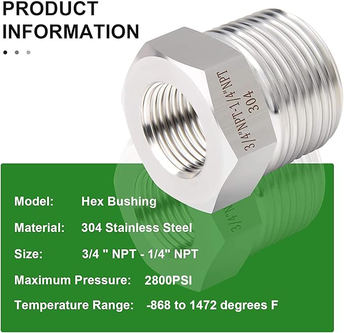 TAISHER 5PCS Forging of 304 Stainless Steel Reducer Hex Bushing, 3/4" Male NPT to 1/4" Female NPT, Reducing Forging Pipe Adapter Fitting