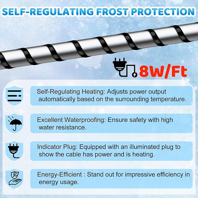 Kingdder 6FT - 48FT Heat Tape for Water Pipes Thermostat Self Regulating Heating Cable with Power Indicator Plug Built-in, Heavy Duty Heating Cable for Pipe Freeze Protection, 120V 8W/ft(1 Pcs,30 Ft)