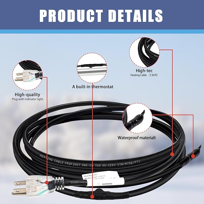 24FT Self-Regulating Pipe Heating Cable with Thermostat,Heat Tape for Water Pipe Freeze Protection,Pipes Heating Trace System for Home Supply Pipes,120V 5W/FT