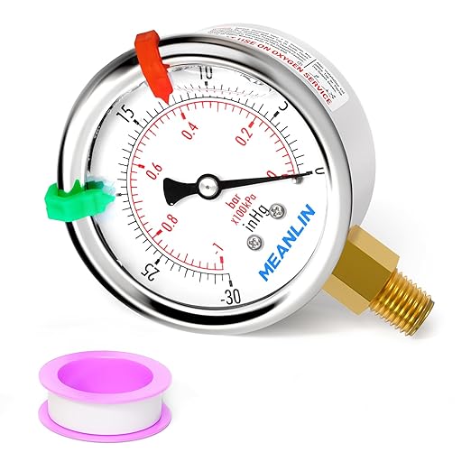 MEANLIN MEASURE -30inHG~0Psi Vacuum Pressure Gauge 1/8" NPT 2.5" FACE DIAL, Stainless Steel Liquid Filled Pressure Gauge WOG Water Oil Air Lower Mount (with 2PCS Snaps)