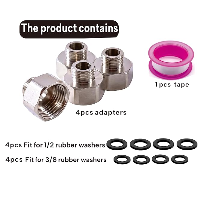 4 PCS brass Water Line Adapter, Pipe Fittings in 1/2" Female to 3/8" Male Reducer Adapter, Compression Fitting for Kitchen Bathroom Faucet Supply Hose, Pipe Connector With Rubber Washer