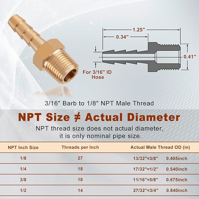 5pcs Brass Hose Barb Fittings 3/16 Inch Barb to 1/8 Inch NPT Male Thread Air Hose Fittings Adapter Connector Water Fuel Air Line Fittings 3/16” × 1/8” NPT Brass Fittings