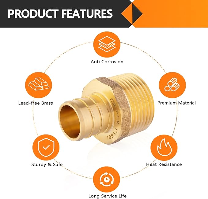 5-Pack HeSun PEX Fittings, 1" PEX x 1" Male NPT, Brass Crimp Male Adapter Fitting for ASTM F1807(PEX1807278-5)