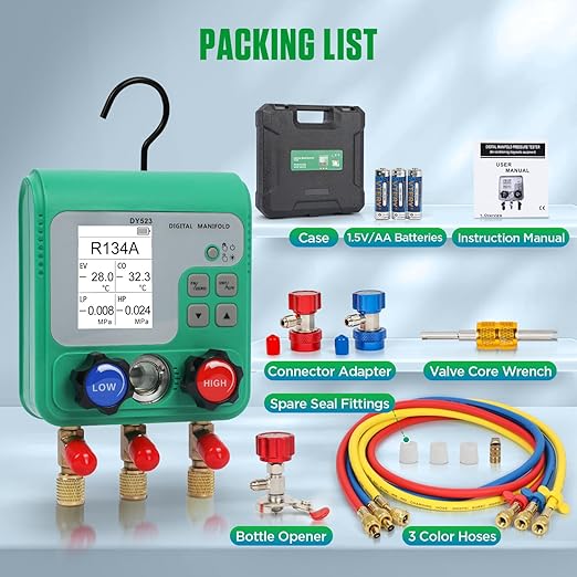 Digital Manifold Gauges HVAC, 92 Refrigerant Dual Pressure & Vacuum Test HVAC Gauges with Hoses R22 R134a R410a Refrigerant Gauge Set with 1/4" SAE Interface, Portable Hook
