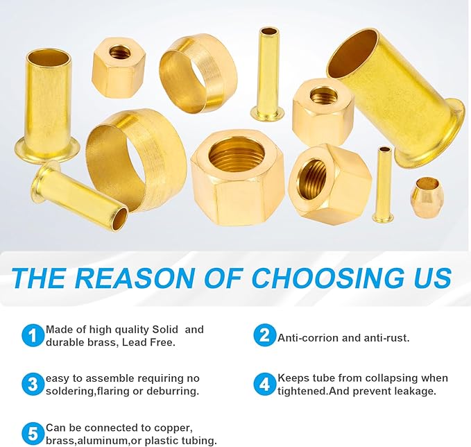 150PCS Tube OD（1/4" 5/16" 3/8" 1/2") Brass Compression Sleeves Ferrules & Insert,4 Sizes Brass Compression Fitting Assortment Kit