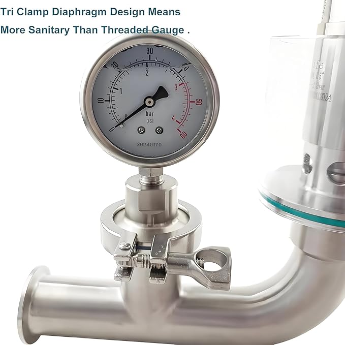 1.5" Tri Clamp Spunding Valve with TC Diaphragm Pressure Gauge, SS304 Stainless Steel, 0.2-2.2 bar/psi Adjustable Pressure Release