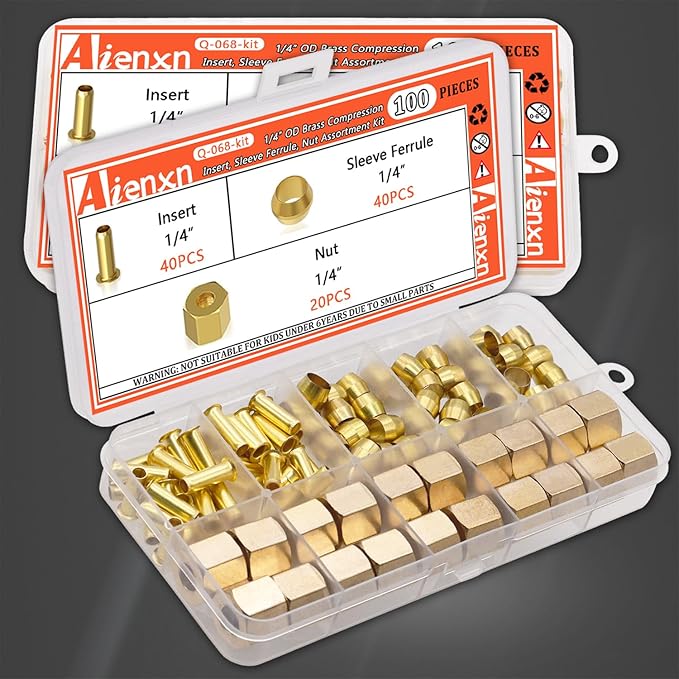 100PCS 1/4" Brass Compression Fittings Assortment kit, Insert, Sleeve Ferrule, Nut for Connecting air, Fuel, Water, Oil and inert Gases Lines