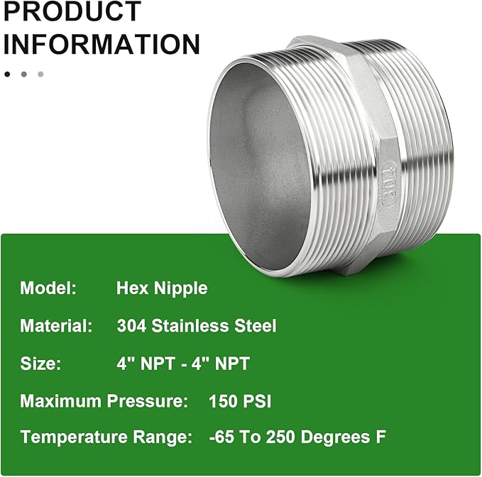 TAISHER 1PCS Cast 304 Stainless Steel Hex Nipple, Pipe Fitting 4" NPT Male x 4" NPT Male