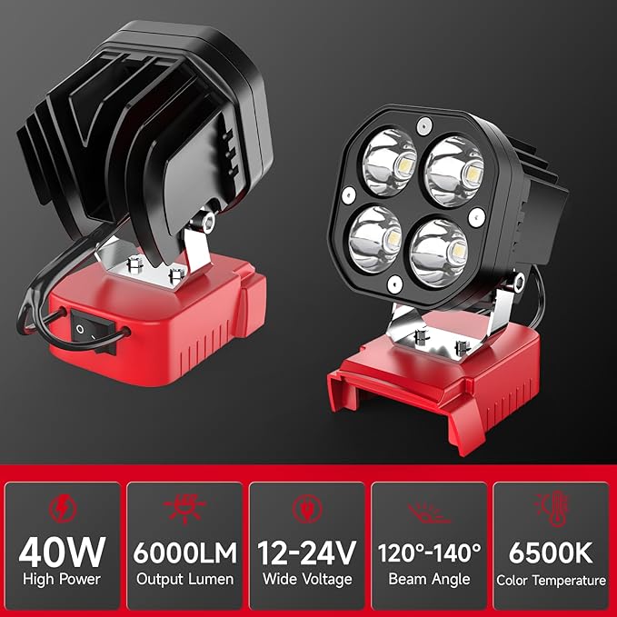 2 Packs Azocek LED Work Light Compatible with Mil-wau-kee 18V Battery, 40W 6000LM Flashlight,18V Battery Cordless Work Light 120°Adjustable with Low Voltage Protection for Outdoors Job Site Lighting