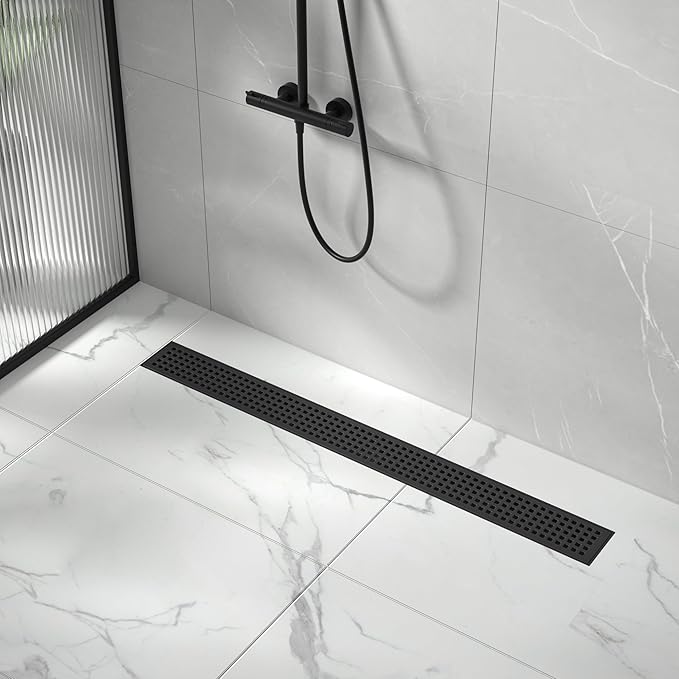 Linear Shower Drain 30", 304 Stainless Steel Floor Drain with Grid Drain Cover & Hair Strainer, Rectangular Shower Drain w/CUPC Certified, Matte Black