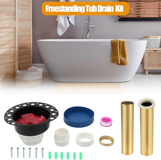 Freestanding Tub Drain Rough-in Kit Compatible with Universal Freestanding Bathtub Floor Mounted Bathtub and Copper Bathtub with PVC Plastic Adapter and Brass Tail Pipes Freestanding Tub Drain Kit