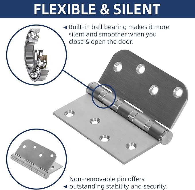 3 Pack Ball Bearing Door Hinges, 4 Inch x 4 Inch Heavy Duty Stainless Steel Door Hinges with Square & 5/8'' Round Radius Corner for Exterior & Interior Doors, Silver