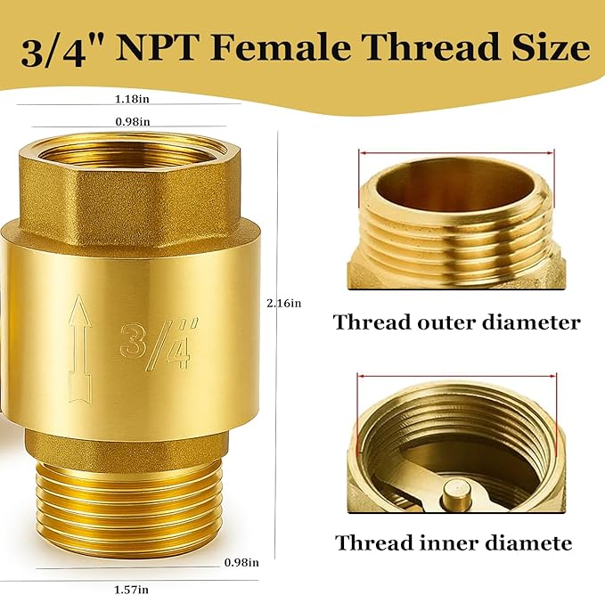 One Way 3/4 Inch Brass Check Valve, NPT Spring Loaded One Way Non Return Valve, Heavy Duty Backflow Suitable for Water Supply System (2 Pack)