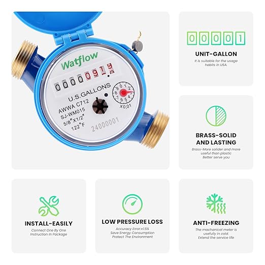 Watflow DN15 Water Meter 1/2" NPT, AWWA C712 Certification Gallon Water Flow Meter, Cold Water Meter for Garden/Home/Apartment, Horizontal Install.