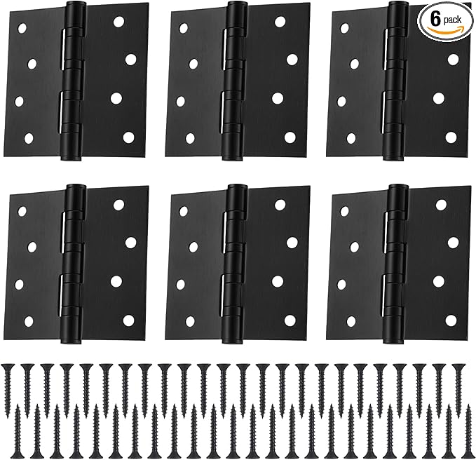 6 Pcs 4'' Ball Bearing Door Hinges Stainless Steel Heavy Duty Hinges 4 x 4 Inch Exterior Door Hinges with Square Corners (Black)