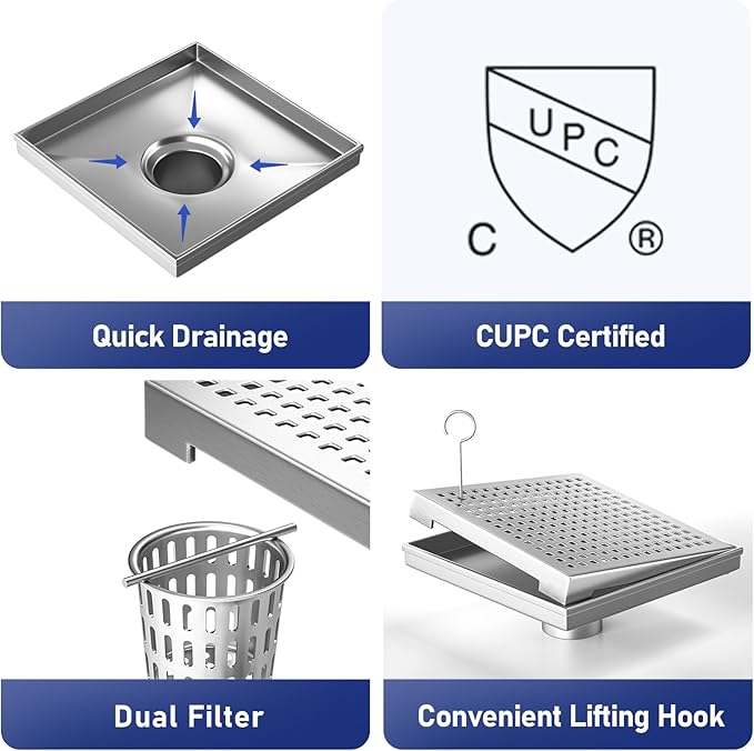Square Shower Drain 8", 304 Stainless Steel Floor Drain with Grid Drain Cover & Hair Strainer, Retrofit Shower Drain w/CUPC Certified, Brushed