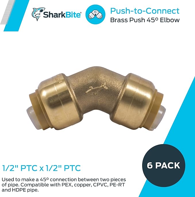 SharkBite 1/2 Inch 45 Degree Elbow, Pack of 6, Push to Connect Brass Plumbing Fitting, PEX Pipe, Copper, CPVC, PE-RT, HDPE, U648LF