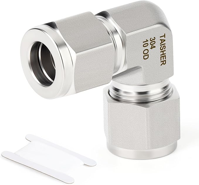 TAISHER 1PCS 304 Stainless Steel 90 Degree Compression Tube Pipe Fitting Connector, 10MM Tube OD x 10MM Tube OD Adapter