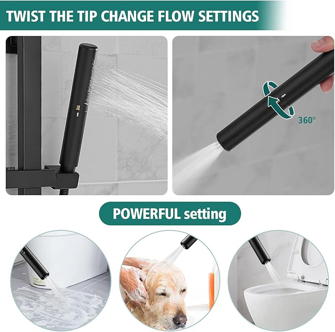 Hoimpro 12 Inch Matte Black Shower System with Adjustable Slide Bar, Square Rain Shower Head and Wand Wall Mounted, Rainfall Shower Faucet Fixture Combo Set, 2 in 1 Handheld Showerhead for Bathroom
