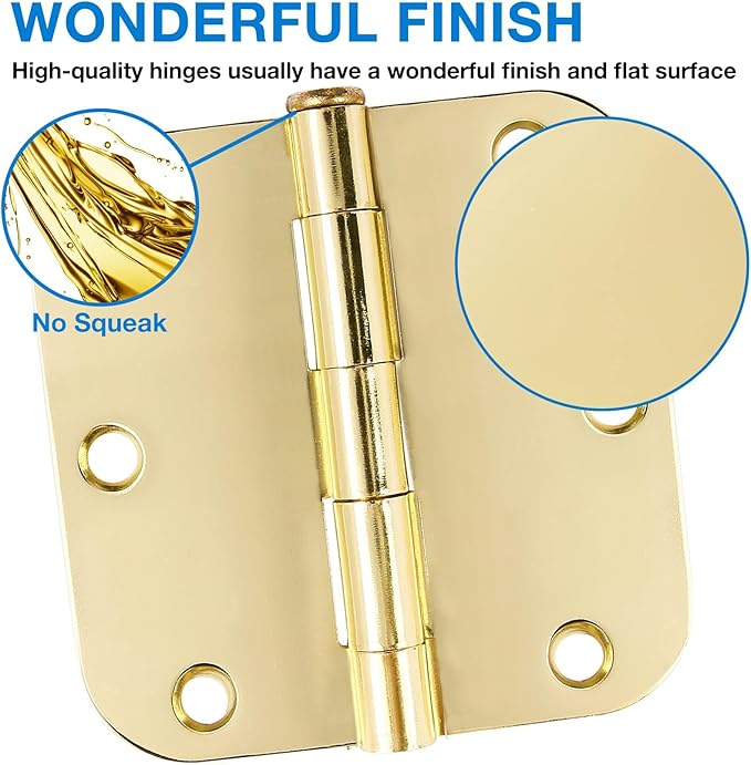 Door Hinges Polished Brass 3.5 Inch Interior Door Hinges Bright Gold 12 Pack 5/8" Radius Corners 3-1/2 Hinge for Master Bedroom,Biford,Basement Side Doors Yellow Shiny Luxury Residential Hardware JIW