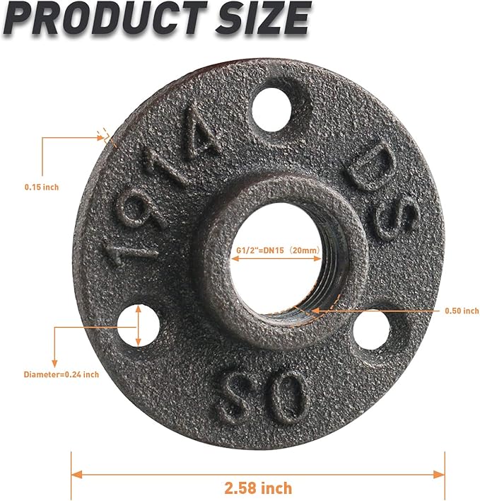 1/2" Floor Flange, Malleable Iron Threaded Pipe Flange for Industrial vintage style, Flanges with Threaded Hole for DIY Project/Furniture/Shelving Decoration(4 Pack)