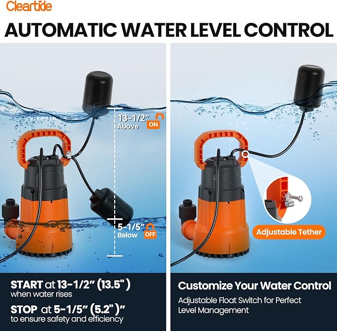 Cleartide Submersible Sump Pump with Tethered Float Switch, 1/3 HP Utility Water Pump,100% Copper Motor, Electric Drain Pump Handles 3/8" Solids, 10 FT Cord