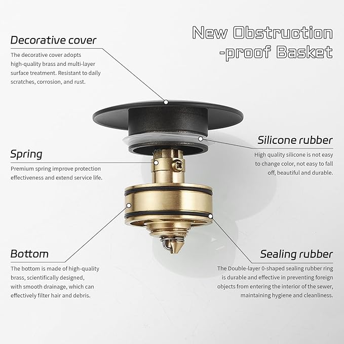 BWE Matte Black One Piece Bathroom Vessel Sink Drain Stopper with OverflowPop Up Drain Assembly with Strainer for Bathroom Vessel Vanity Faucet