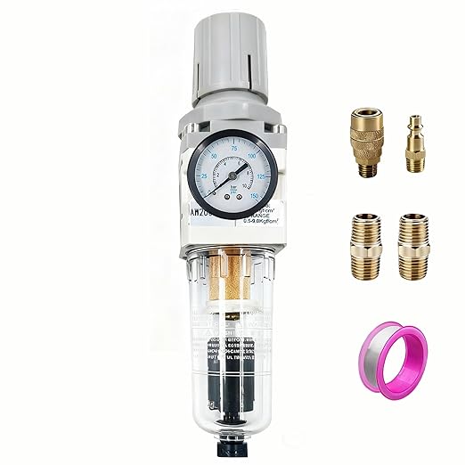 XingNEeng 1/4" NPT Compressed Air Filter Regulator Lubricator Combo, Auto-Drain Water/Oil Trap Separator, Gauge(0-150 psi), Poly Bowl, Metal Bracket, 5 Micron Brass Element, for Pneumatic Systems