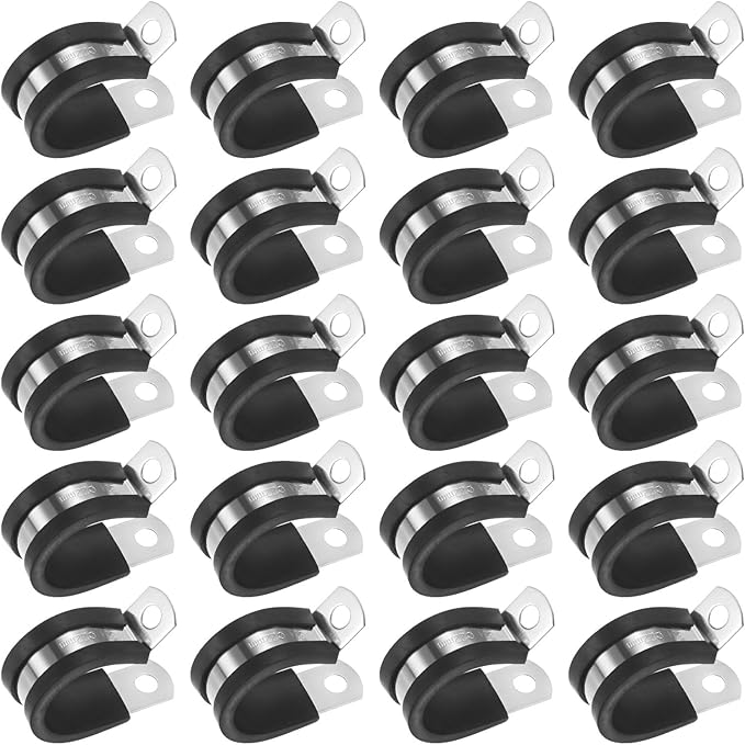 20-Pack Cable Clamps, 7/8 Inch/ 22 mm 304 Stainless Steel Rubber Cushioned Insulated Cable Clamp R Shape Metal Holder for Tube/Wire/Pipe/Loop Installation