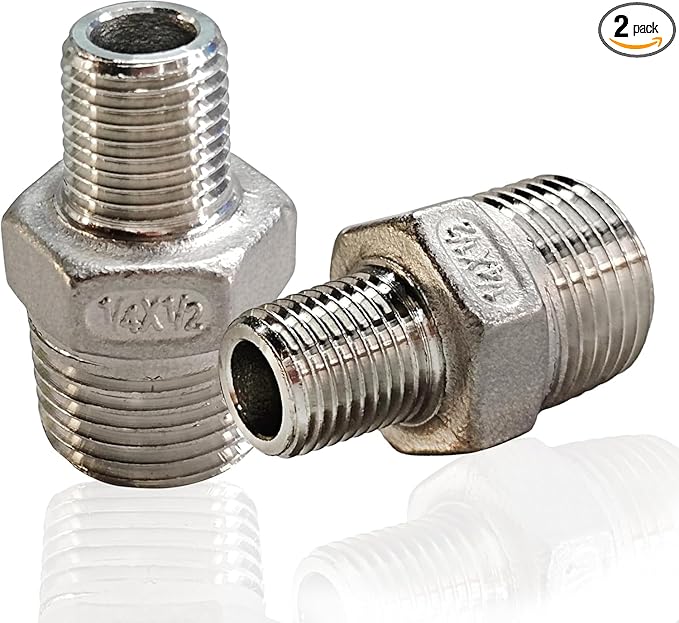 1/2" x 1/4" Reducing Hex Nipple, 304 Stainless Steel NPT Male Pipe Fitting Reducer Nipple Adapter 2000psi Reducer Connector Suit for 0.71" and 0.46" Pipe ID (1/2"x 1/4"MNPT)