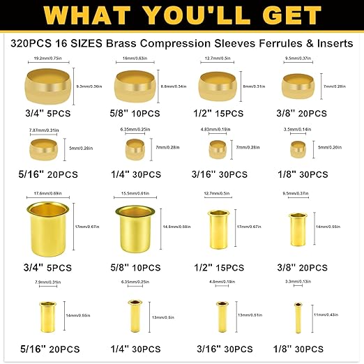 Siptenk 320PCS Brass Compression Sleeves Ferrules Inserts Fittings Assortment Kit for Tube OD 3/4" 5/8" 1/2" 3/8" 5/16" 1/4" 3/16" 1/8", 8 Sizes Air Brake Fittings for Air Water Fuel Oil