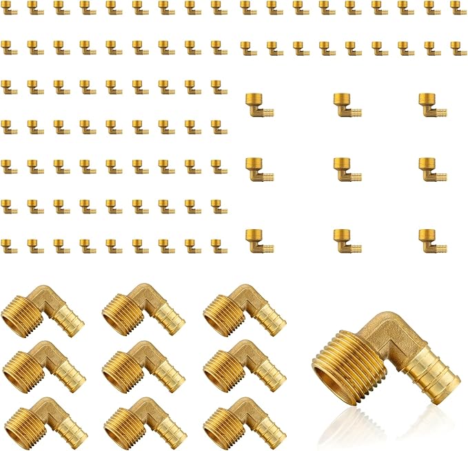 (100-Pack) PEX Fittings, Pex 1/2" x 3/4" Male Threaded NPT Elbow Adapter, Brass Crimp Fittings, for PEX Tubing Pipe Plumbing, ASTM F1807(PEX1807103-100Pack)