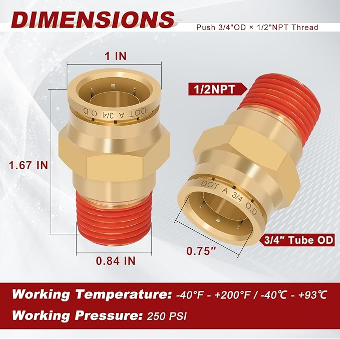 3/4" Quick Push to Connect Fittings Brass Union Straight Joint DOT Approved 3/4" Tube OD x 1/2" NPT Thread Air Line Adapter Air Suspension Kit for Truck Trailers and Air Brake System 4pcs