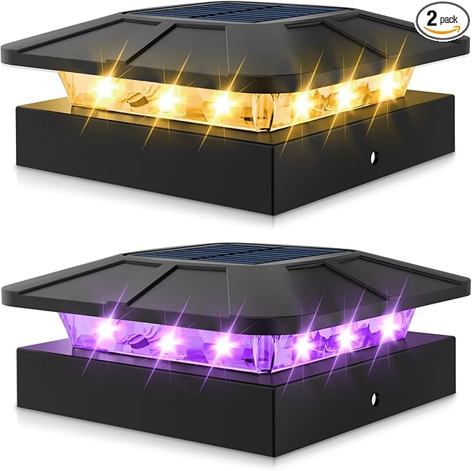 Peasur 2 Packs 4x4 Solar Post Cap Lights Outdoor, Purple & Warm White LED Fence Caps Light Waterproof, Wood & Vinyl Post Top Lighting for Deck Mailbox Railing Porch Outside