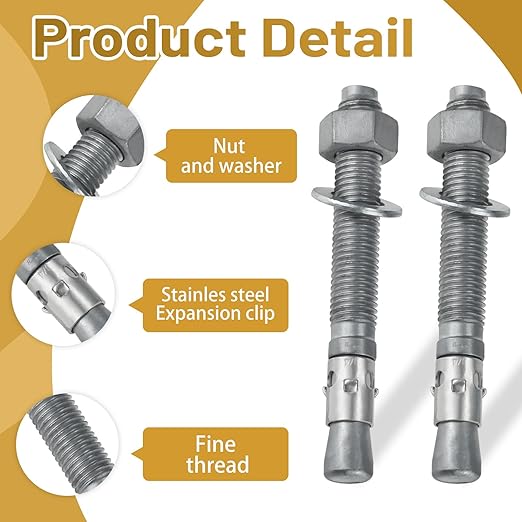 3/4 x 6-1/4 inch Wedge Concrete Anchors kit Galvanized Carbon Steel, Expansion Screw Bolt Heavy Duty Fasteners for Masonry Concrete (Pack of 5)