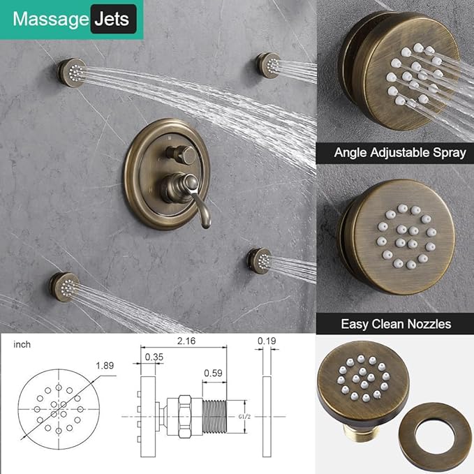 Antique-Brass Shower Faucet-Sets Fixtures: 9 inch Ceiling Rain Head with Handheld Spray and Body Jets, 3 Way Diverter Rough in Valve System included Trim Kit