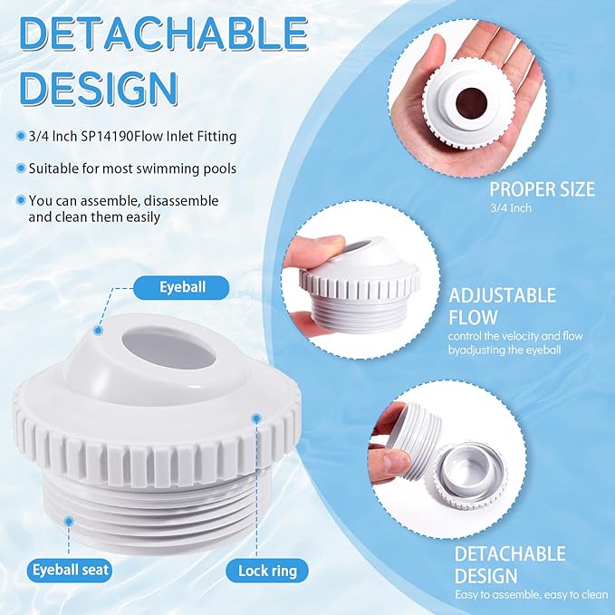 hongbo 4Pcs Pool Jet Nozzles for Hayward SP1419D, 3/4" Adjustable Opening Rotating Eyeball, Directional Flow Eyeball Inlet Jet with 1-1/2 Inch MIP Thread, Swimming Pool Return Jet Bathtub spa Jet