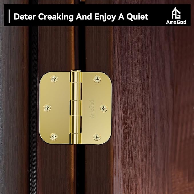 Door Hinges Polished Brass - 30 Pack Gold Door Hinges 3.5 Inch Rounded Interior Door Hinge with 5/8" Radius - 3 1/2 Inches Flat Iron Brass Hinges for Residential Standard Doors
