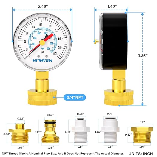 MEANLIN MEASURE 0~100Psi 3/4" Female Water Pressure kit Plus 5 adapters, 2.5" FACE DIAL Multi-Purpose Pressure Gauge kit with Red Indicator Hands, Hydraulic Tester Suitable for Gardens, Water Pipes