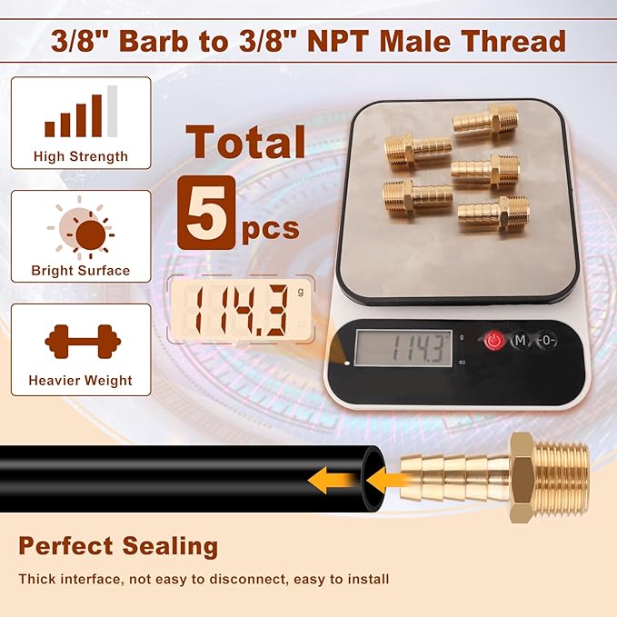 5pcs Brass Hose Barb Fittings 3/8 Inch Barb to 3/8 Inch NPT Male Thread Air Hose Fittings Adapter Connector Water Fuel Air Line Fittings 3/8” Barb × 3/8” NPT Brass Fittings