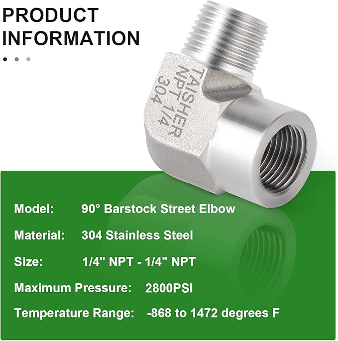 TAISHER 2PCS 304 Stainless Steel 90 Degree Barstock Street Elbow, 1/4 Inch NPT Male Pipe to 1/4 Inch NPT Female 304 Stainless Pipe Fitting
