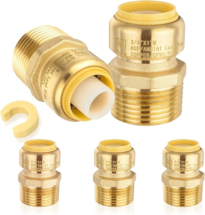 5-Pack HeSun Pushfit Male Adapter, 1" MNPT x 3/4" Push to Connect Plumbing Fittings with Disconnect Clip, Brass Push-fit Fittings for PEX, Copper, CPVC, PE-RT Pipes(PF148-5)
