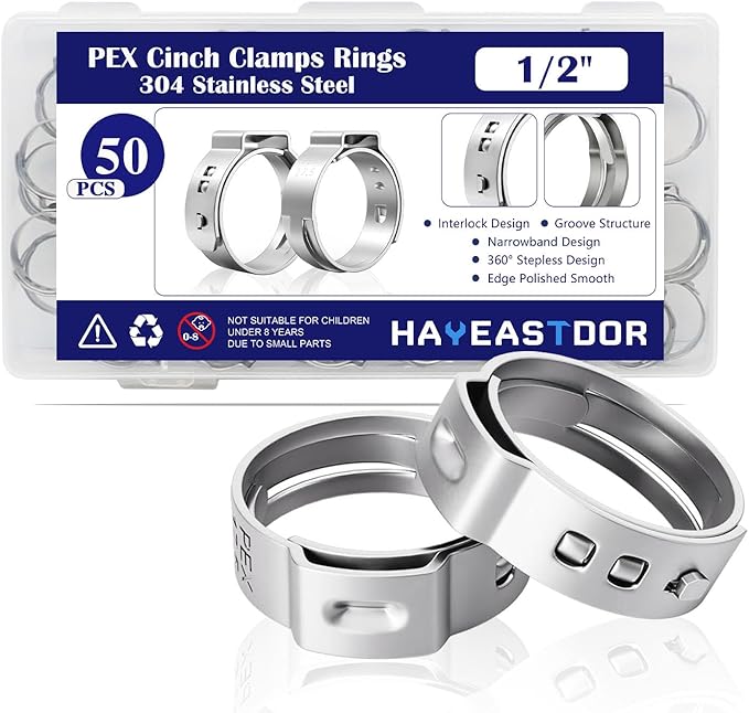50PCS 1/2inch PEX Cinch Crimp Clamp Rings 304 Stainless Steel Single Ear Hose Clamps HE062-1/2